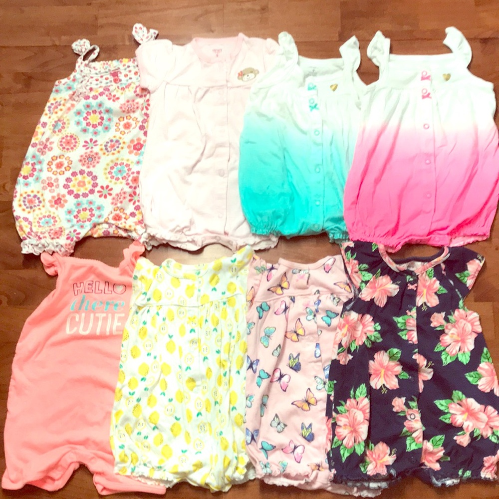 Lot of 8 girls summer one pieces size 9 months.